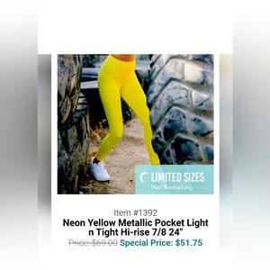 Neon Yellow Metallic Pocket Light n Tight Hi rise 7/8 24”. Size 6-8